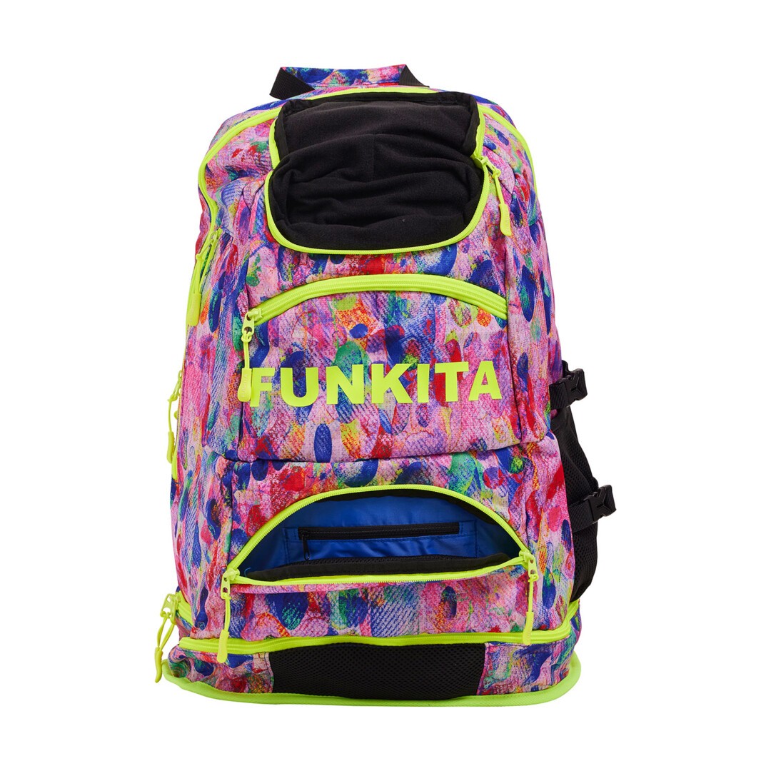 A multicolored floral pattern backpack with bright accents and multiple compartments and the brand name 'FUNKITA' on the front.