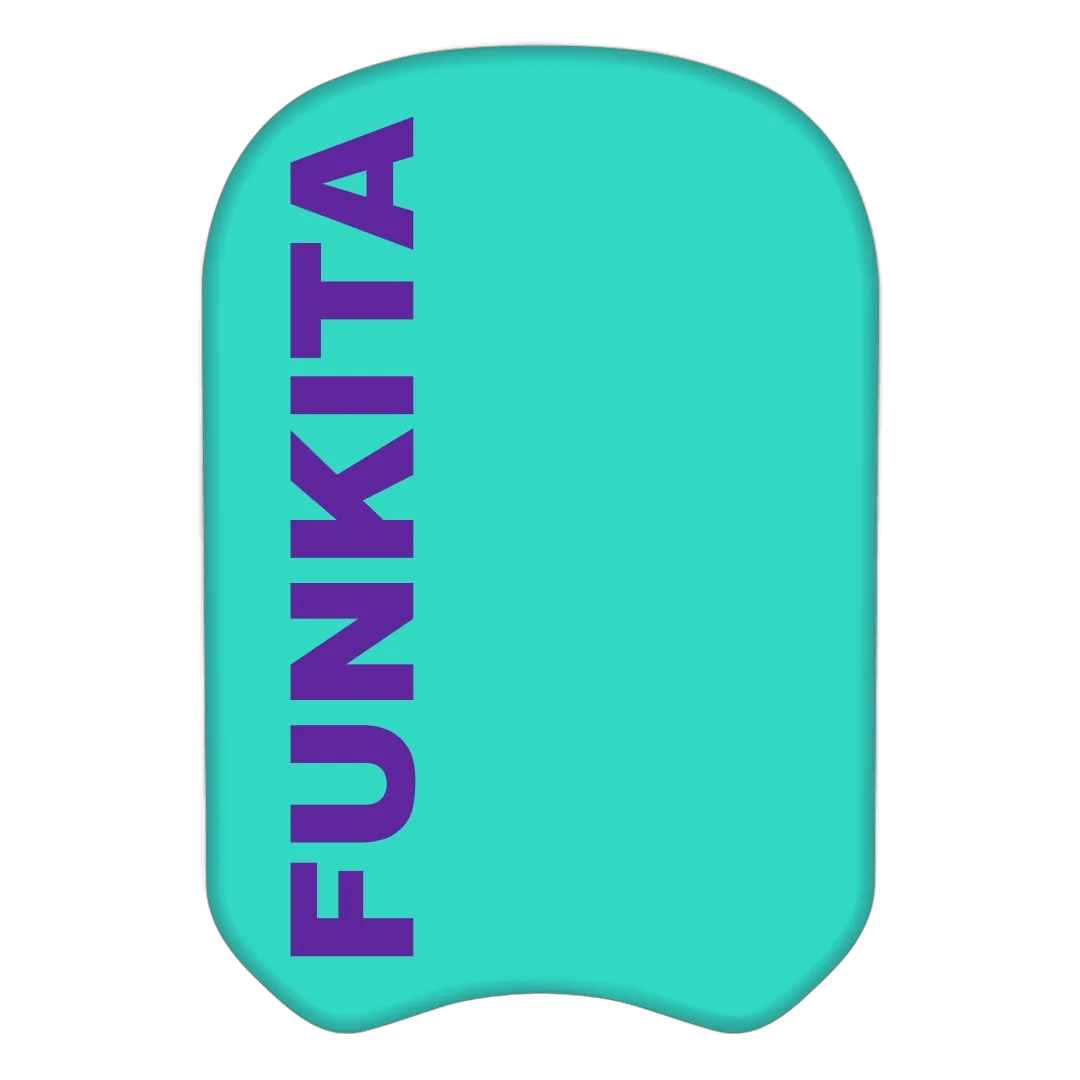 Turquoise swimming kickboard with purple 'Funkita' branding