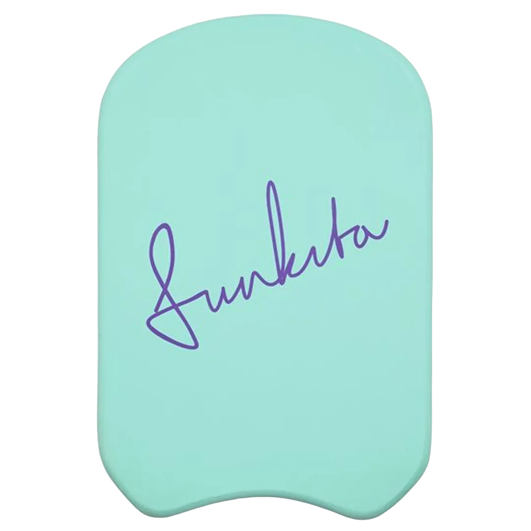 Turquoise swimming kickboard with purple 'Funkita' branding