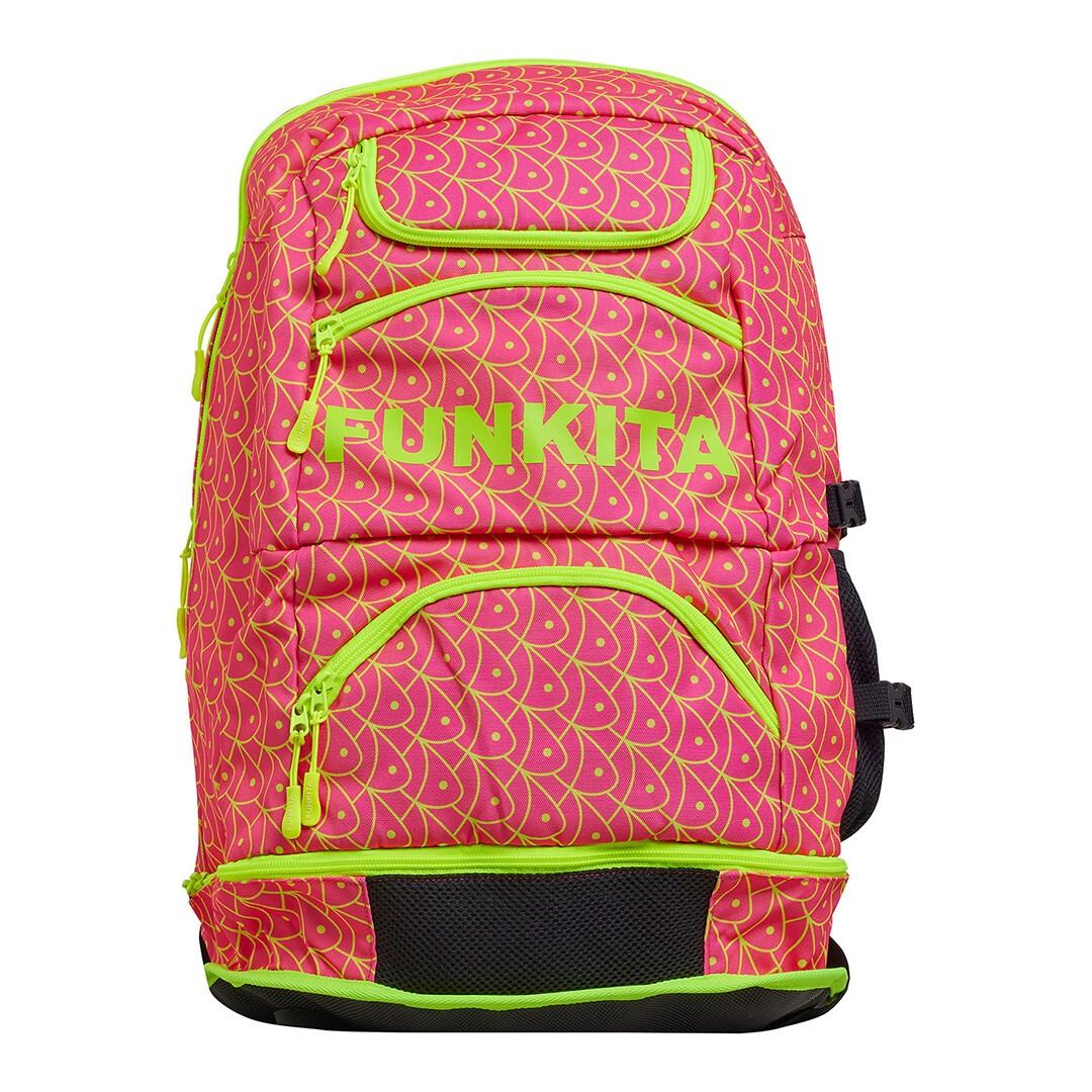 A pink and fluoro yellow Funkita backpack with multiple compartments and padded shoulder straps.