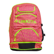 A pink and fluoro yellow Funkita backpack with multiple compartments and padded shoulder straps.