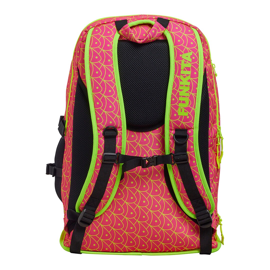 Back view of a pink and fluoro yellow Funkita backpack with multiple compartments and padded shoulder straps displaying the Funkita logo.