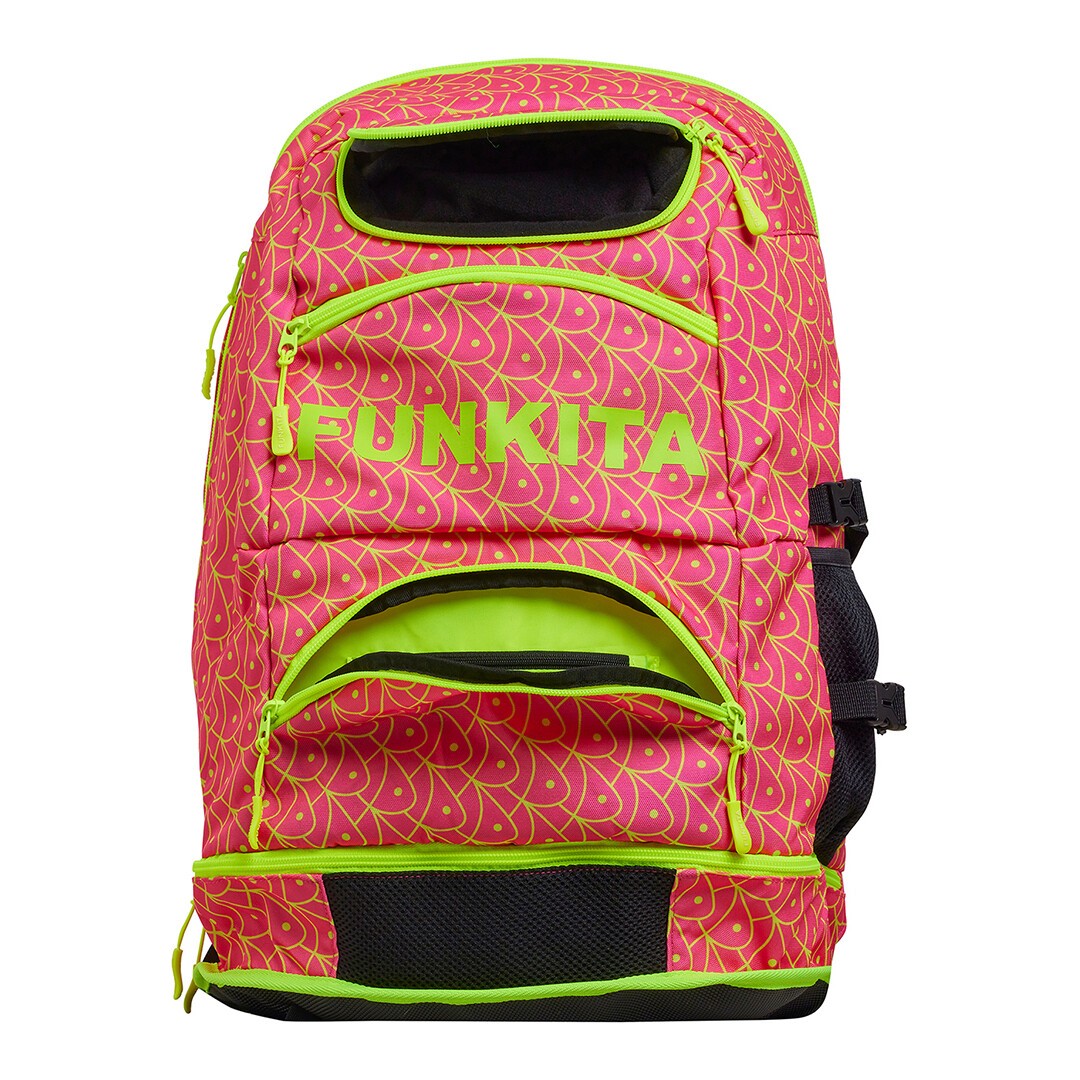 Front view of a pink and fluoro yellow Funkita backpack showing multiple open compartments and padded shoulder straps.