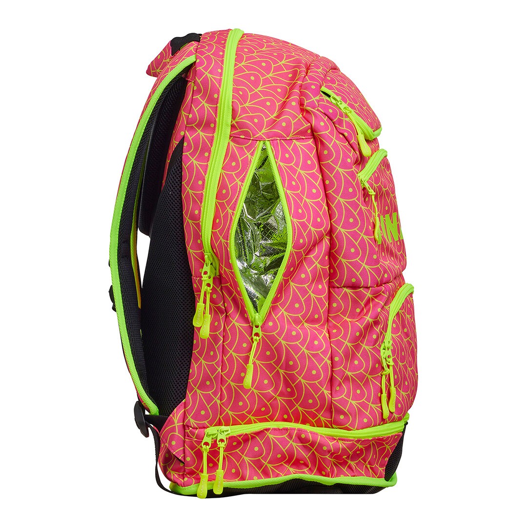 Side view of a pink and fluoro yellow Funkita backpack with multiple compartments and padded shoulder straps.
