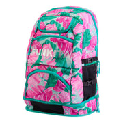 Pink and green tropic patterned Funkita Tropic Palm Elite Backpack showing multiple compartments and padded shoulder straps.