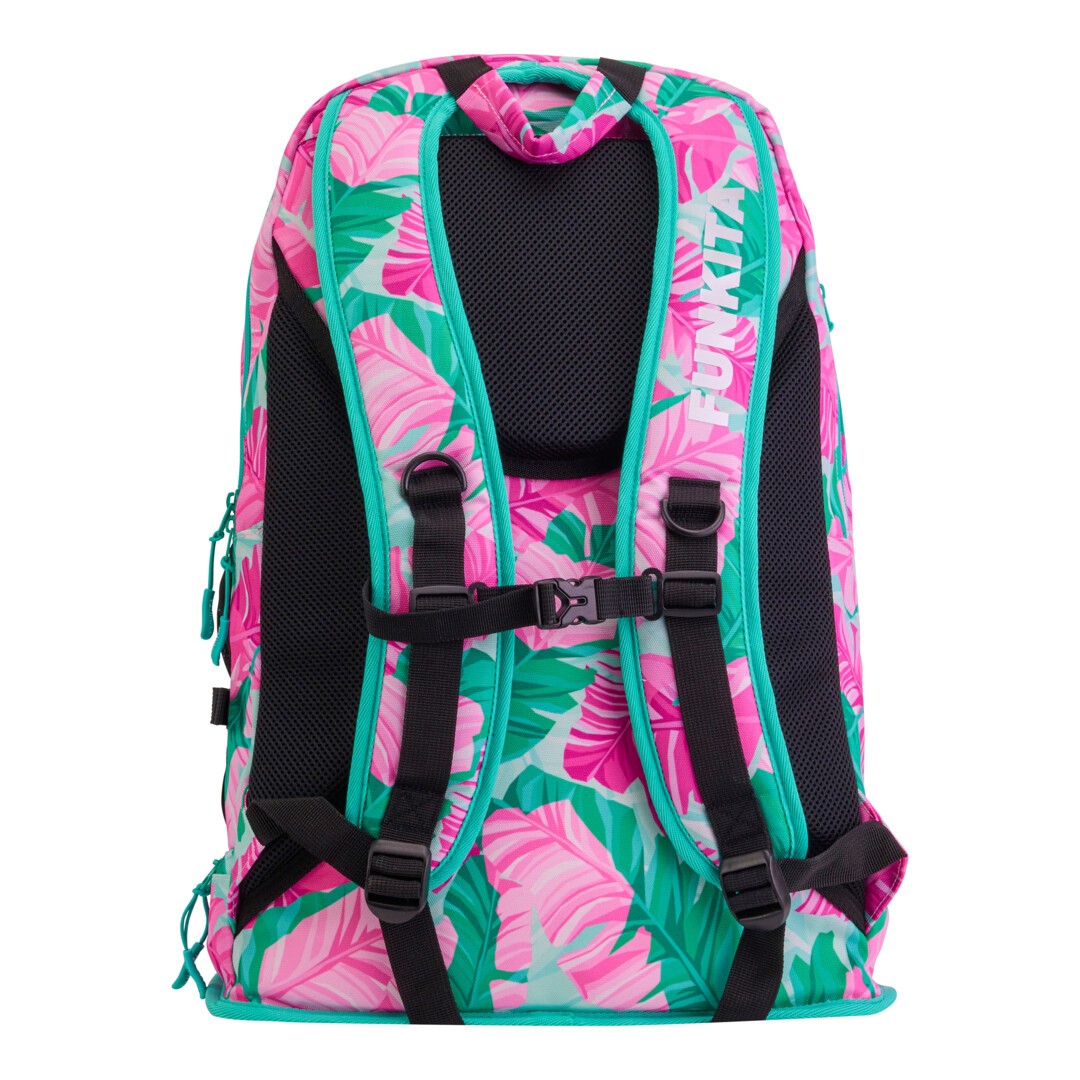 Back view of the pink and green tropic patterned Funkita Tropic Palm Elite Backpack showing multiple compartments and padded shoulder straps displaying the Funkita logo.