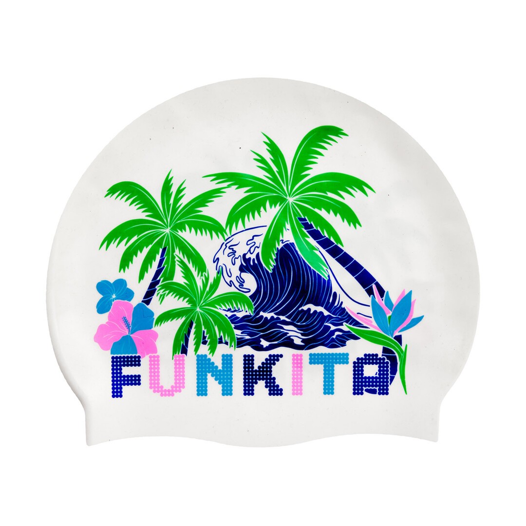 A silicone swimming cap with a white base and a graphic design featuring palm trees and the text 'FUNKITA'.