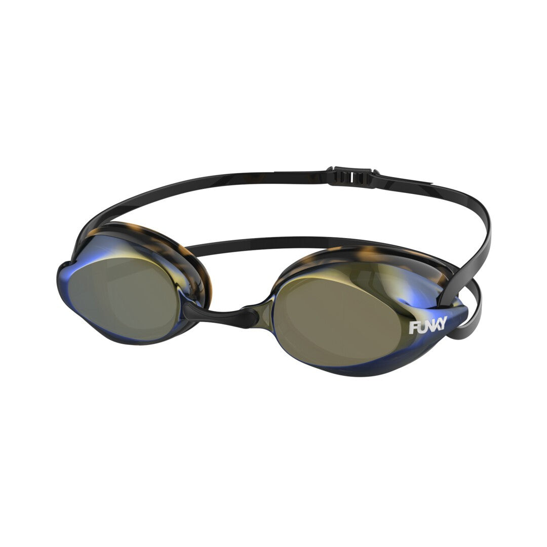 A pair of gold-tinted swimming goggles with a black double silicone head strap and a streamlined rear buckle.