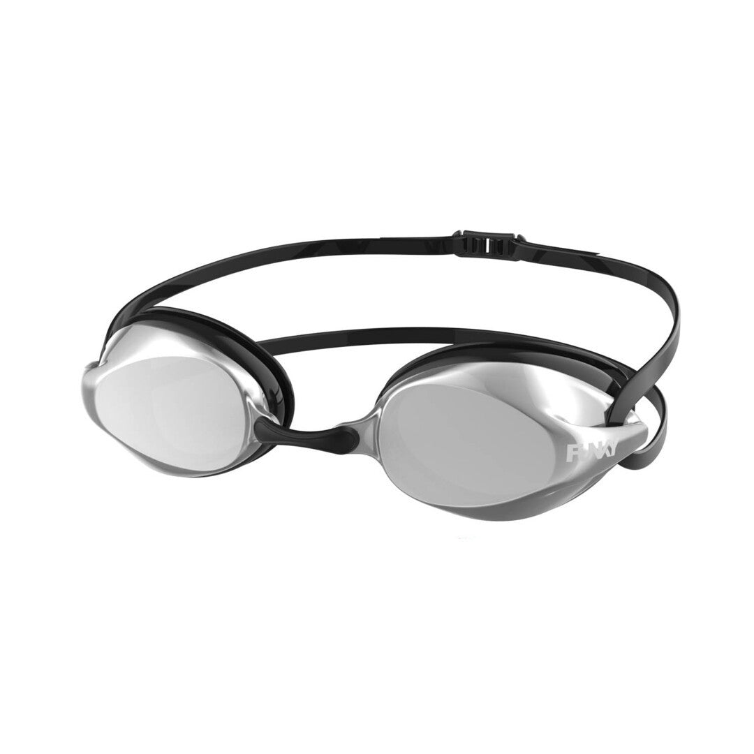 A pair of silver Funky shooting star training machine swim goggles with a black double silicone head strap and streamlined rear buckle.
