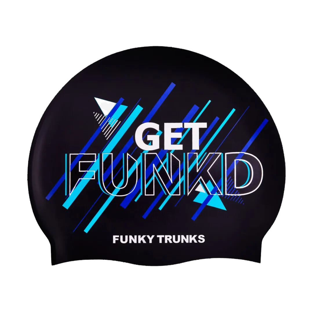 Black swim cap with 'GET FUNKD' text and Funky Trunks logo