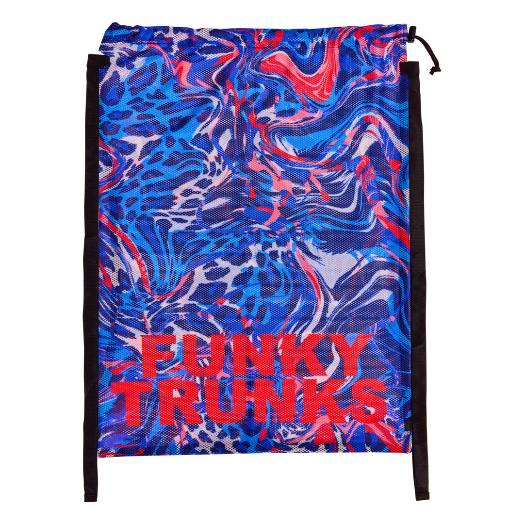 Drawstring bag with blue, red, and white abstract pattern and 'Funky Trunks' branding