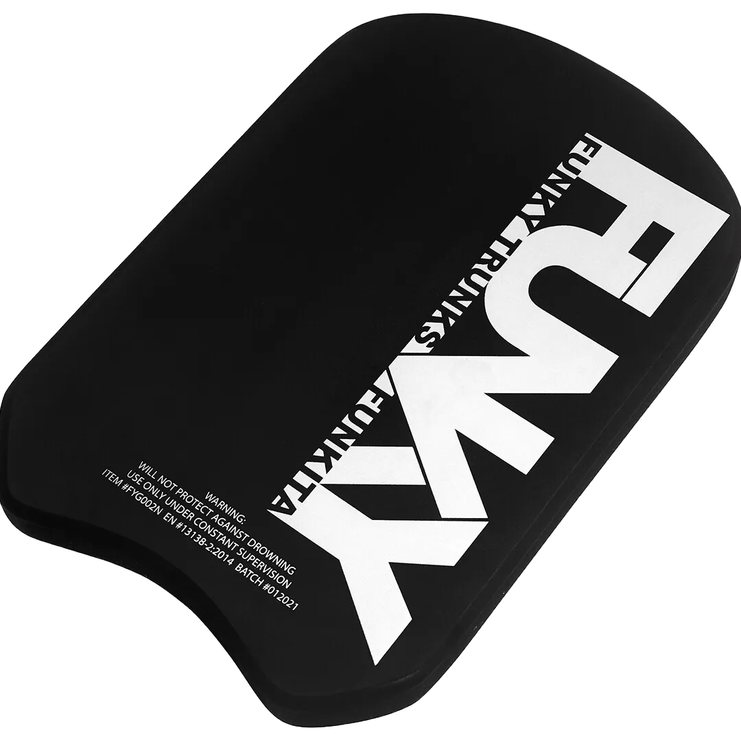 Black swimming kickboard with 'Funky Trunks' branding bottom view