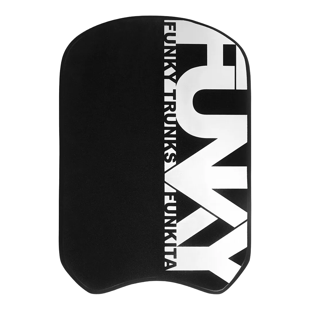 Black swimming kickboard with 'Funky Trunks' branding