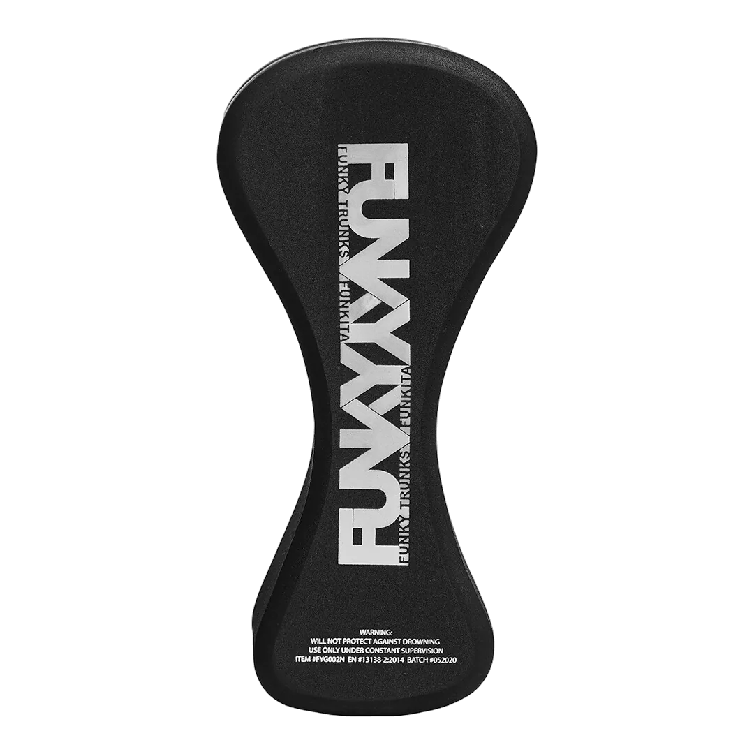 Black swimming Pull Buoy with 'Funky Trunks' branding on an angled view