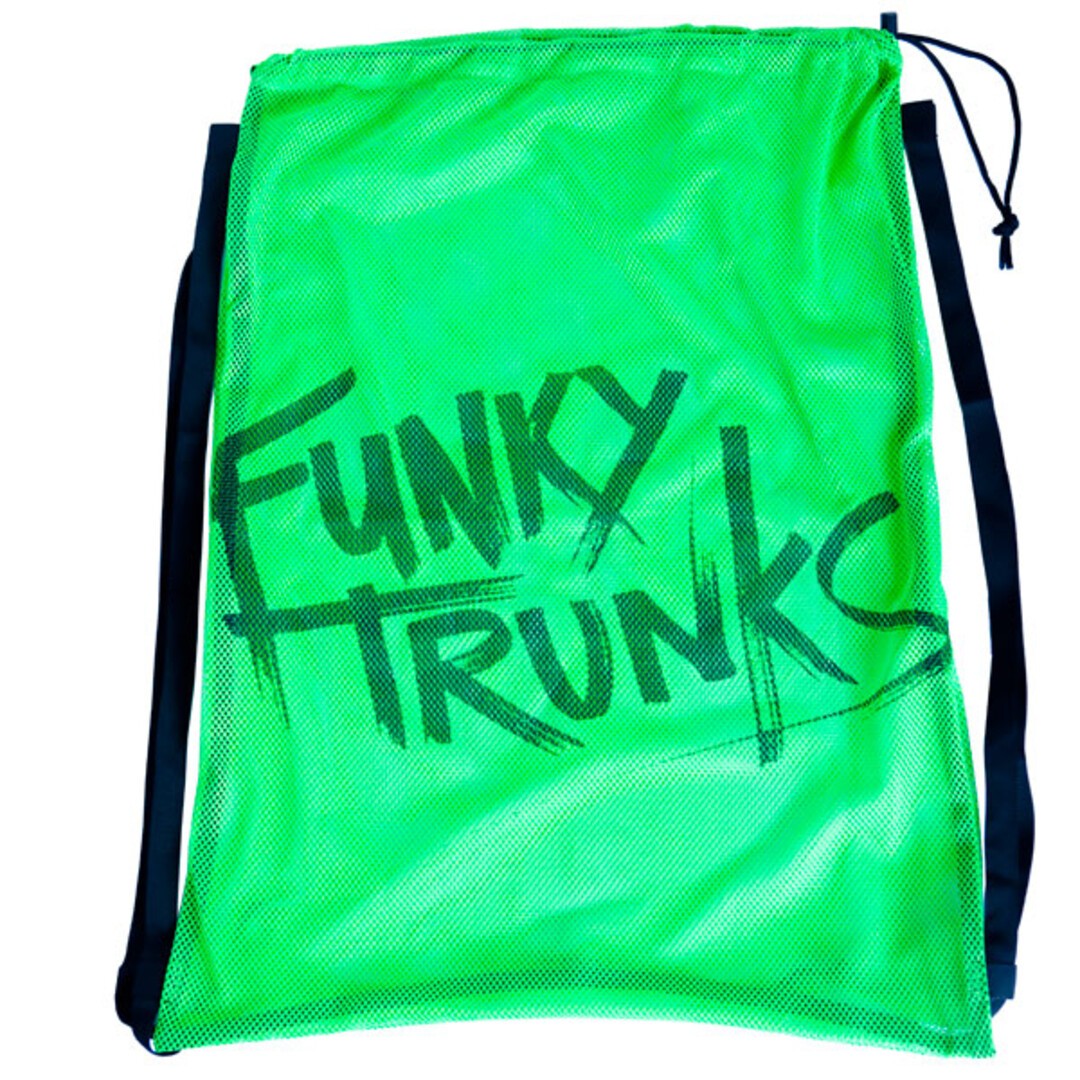 A bright green mesh gear bag with 'Funky Trunks' written in black text across the front. The bag has black drawstrings and shoulder straps.