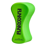 Fluoro Green swimming Pull Buoy with 'Funky Trunks' branding on an angled view