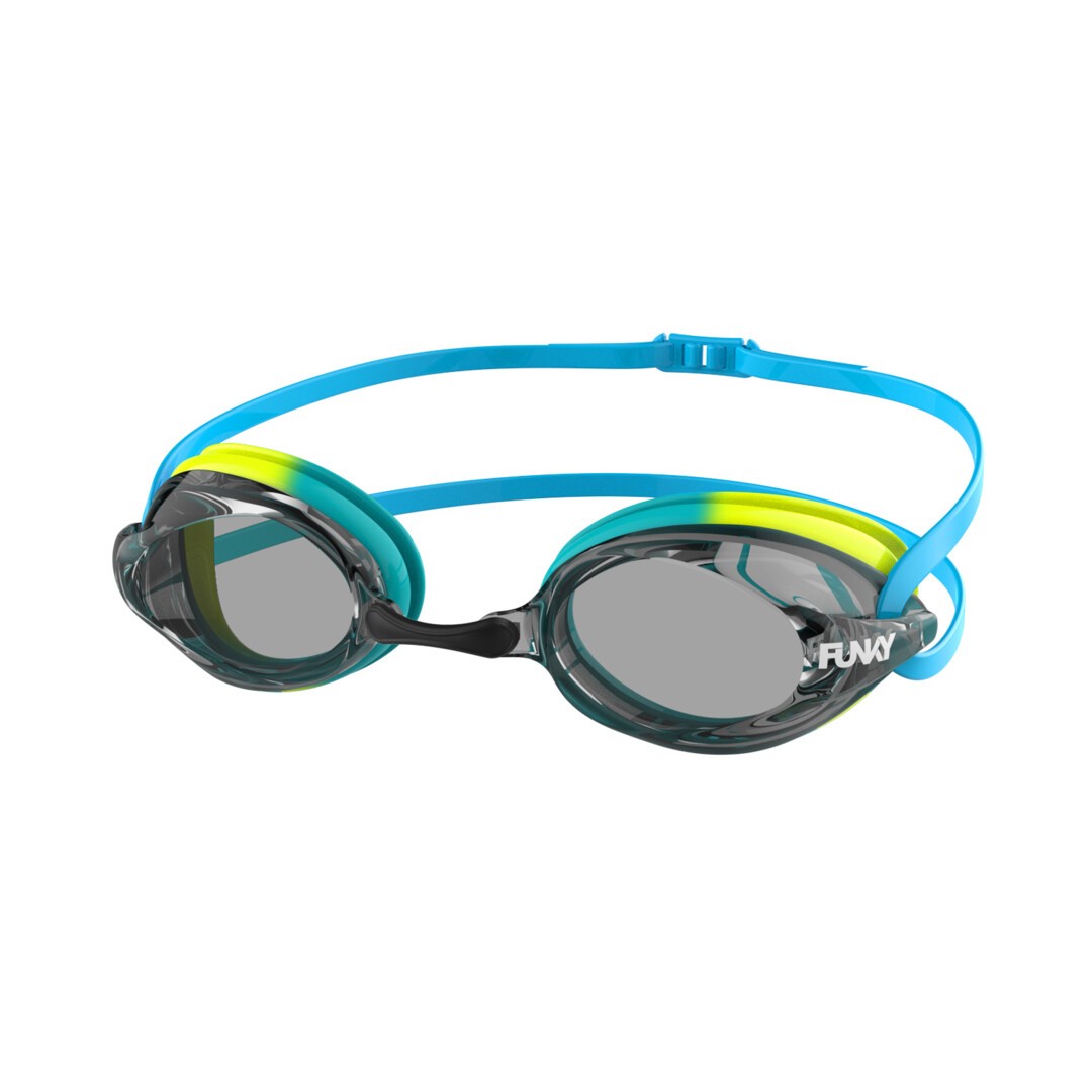 A pair of Funky branded swimming goggles in blue and neon yellow, with silicone head strap and a clear polycarbonate lens.