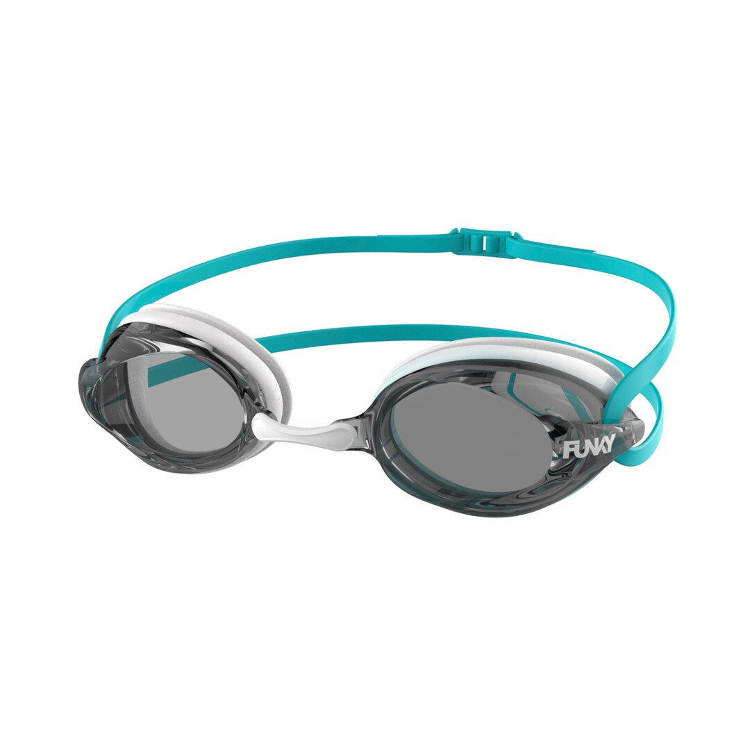 A pair of white and aqua Funky swimming goggles with a silicone head strap and clear lenses.