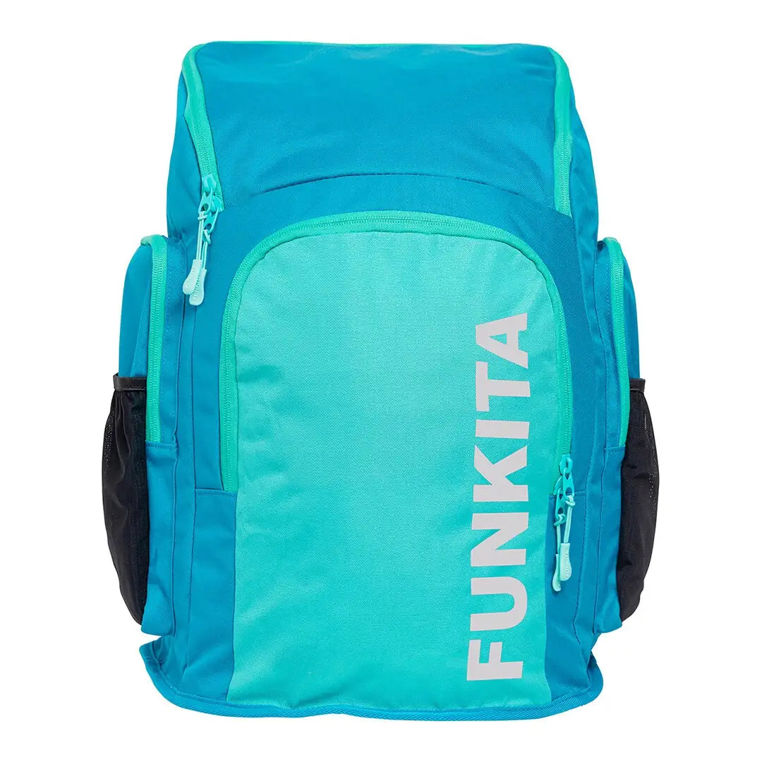 Mint coloured Space Case Backpack with multiple compartments, padded shoulder straps and 'Funkita' branding angled from the front.