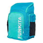 Mint coloured Space Case Backpack with multiple compartments, padded shoulder straps and 'Funkita' branding from an angled view