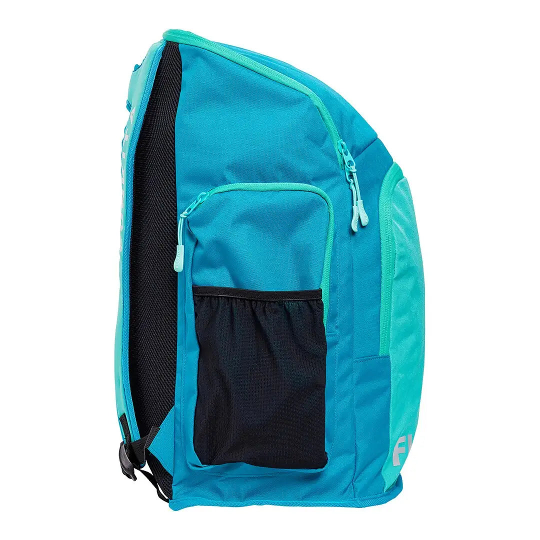 Mint coloured Space Case Backpack with multiple compartments, padded shoulder straps and 'Funkita' branding from right side angle.