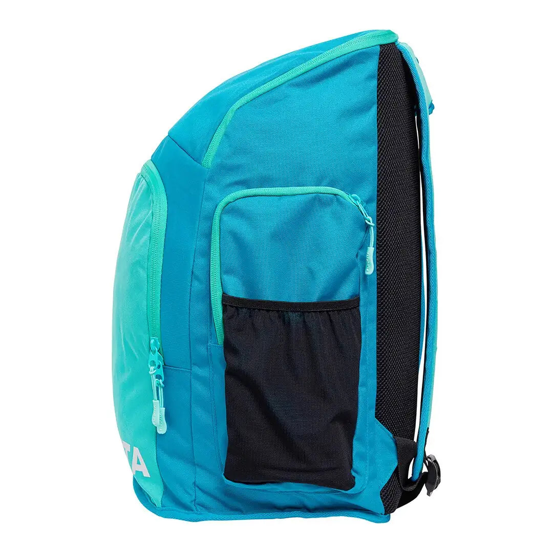 Mint coloured Space Case Backpack with multiple compartments, padded shoulder straps and 'Funkita' branding from left angle.