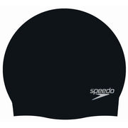 A black Speedo plain moulded silicone swim cap.