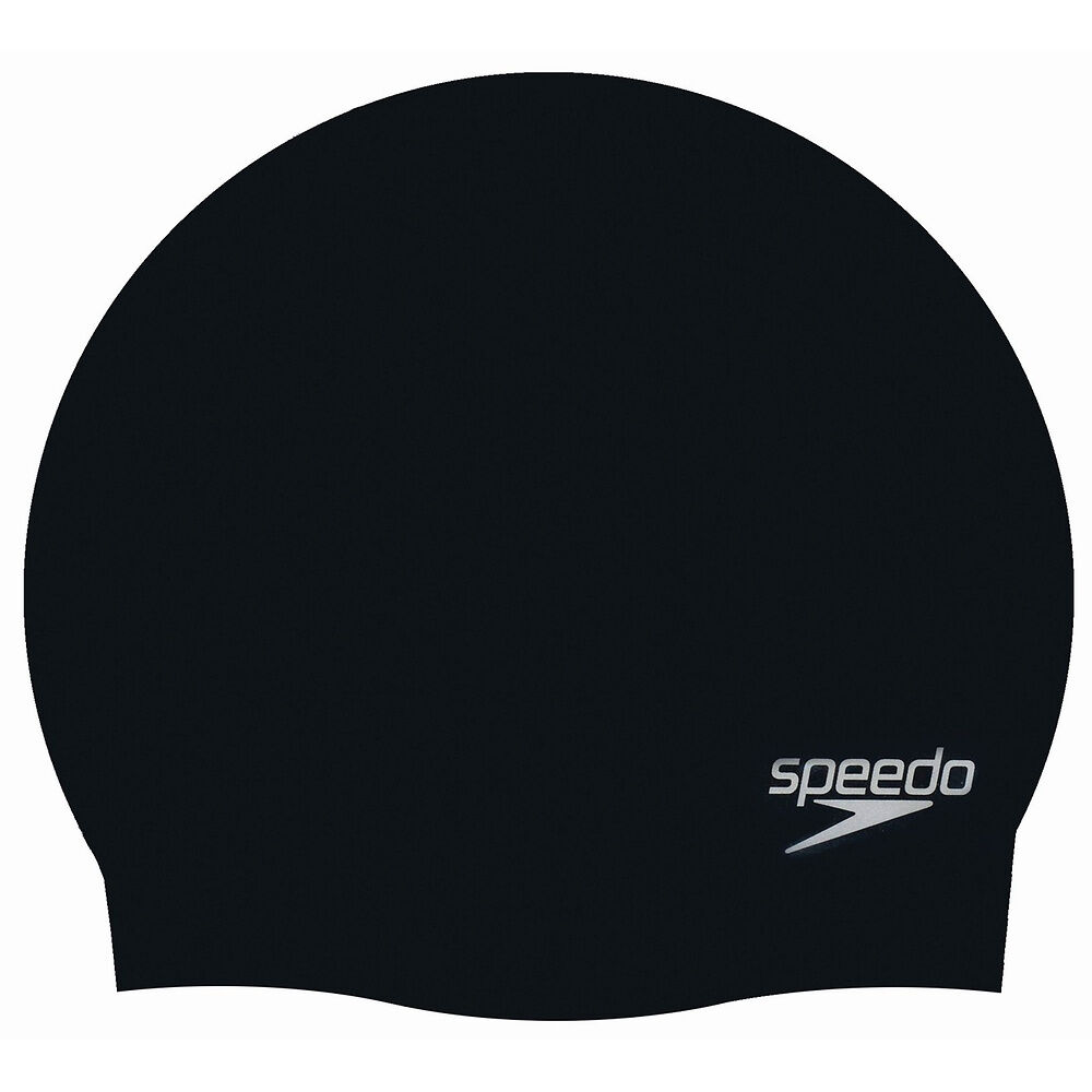 A black Speedo plain moulded silicone swim cap.