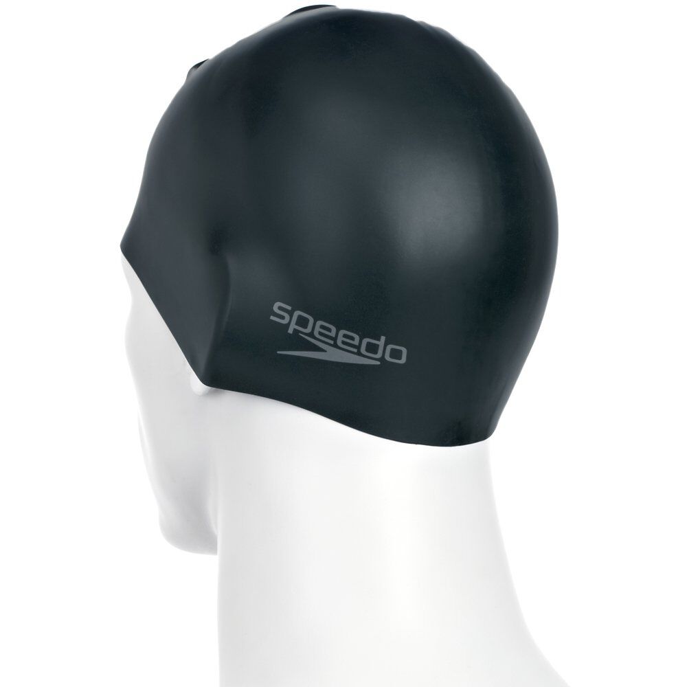 Back view of black Speedo plain moulded silicone swim cap.
