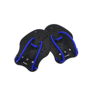 A pair of Vorgee hand paddles, primarily black with blue accents, designed for swimming stroke technique and upper body strength training.