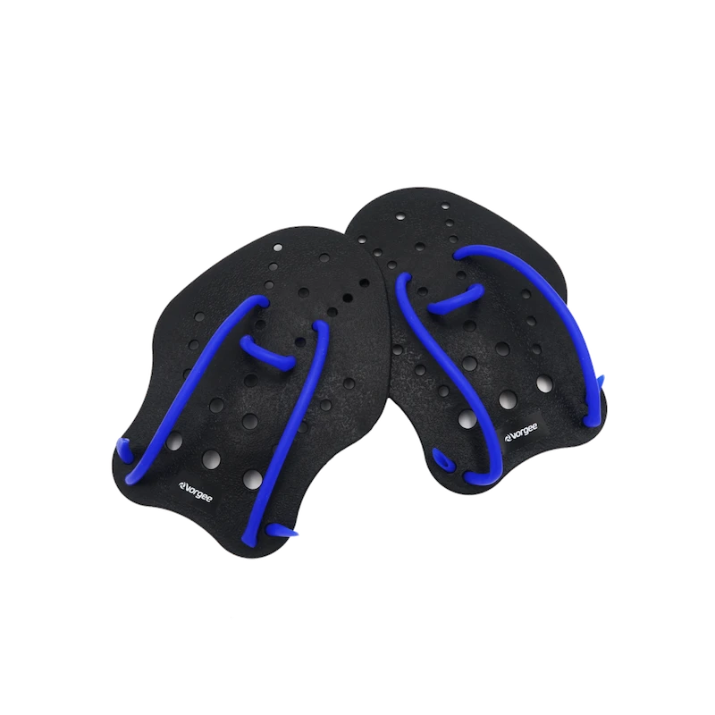 A pair of Vorgee hand paddles, primarily black with blue accents, designed for swimming stroke technique and upper body strength training.