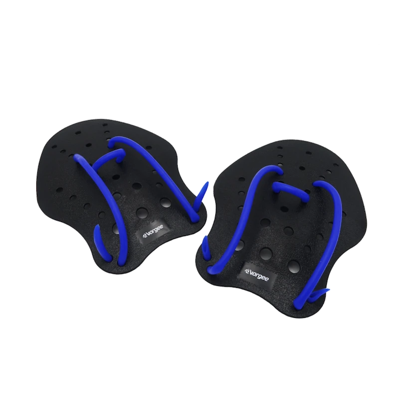 A pair of Vorgee hand paddles, primarily black with blue accents, designed for swimming stroke technique and upper body strength training.