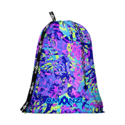 Colorful drawstring Amanzi mesh bag with a vibrant pattern of blues, greens and pinks