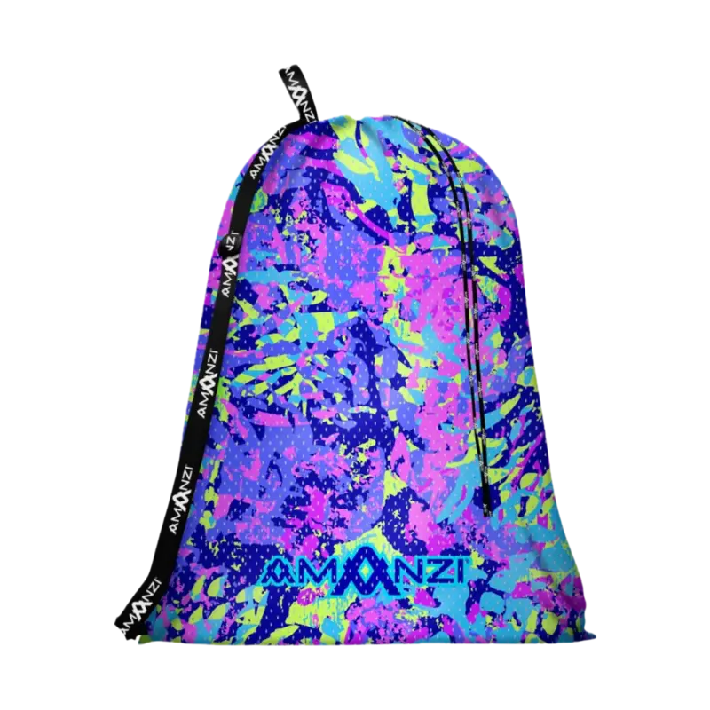Colorful drawstring Amanzi mesh bag with a vibrant pattern of blues, greens and pinks