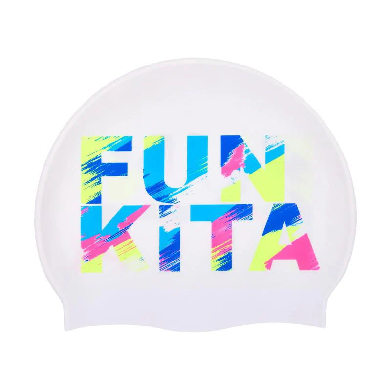 A silicone swimming cap with the text 'FUNKITA' printed in colorful letters.