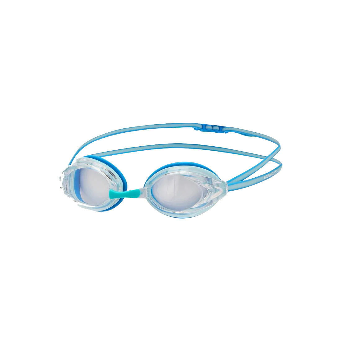 Blue and clear speedo opal swim goggles on a transparent background