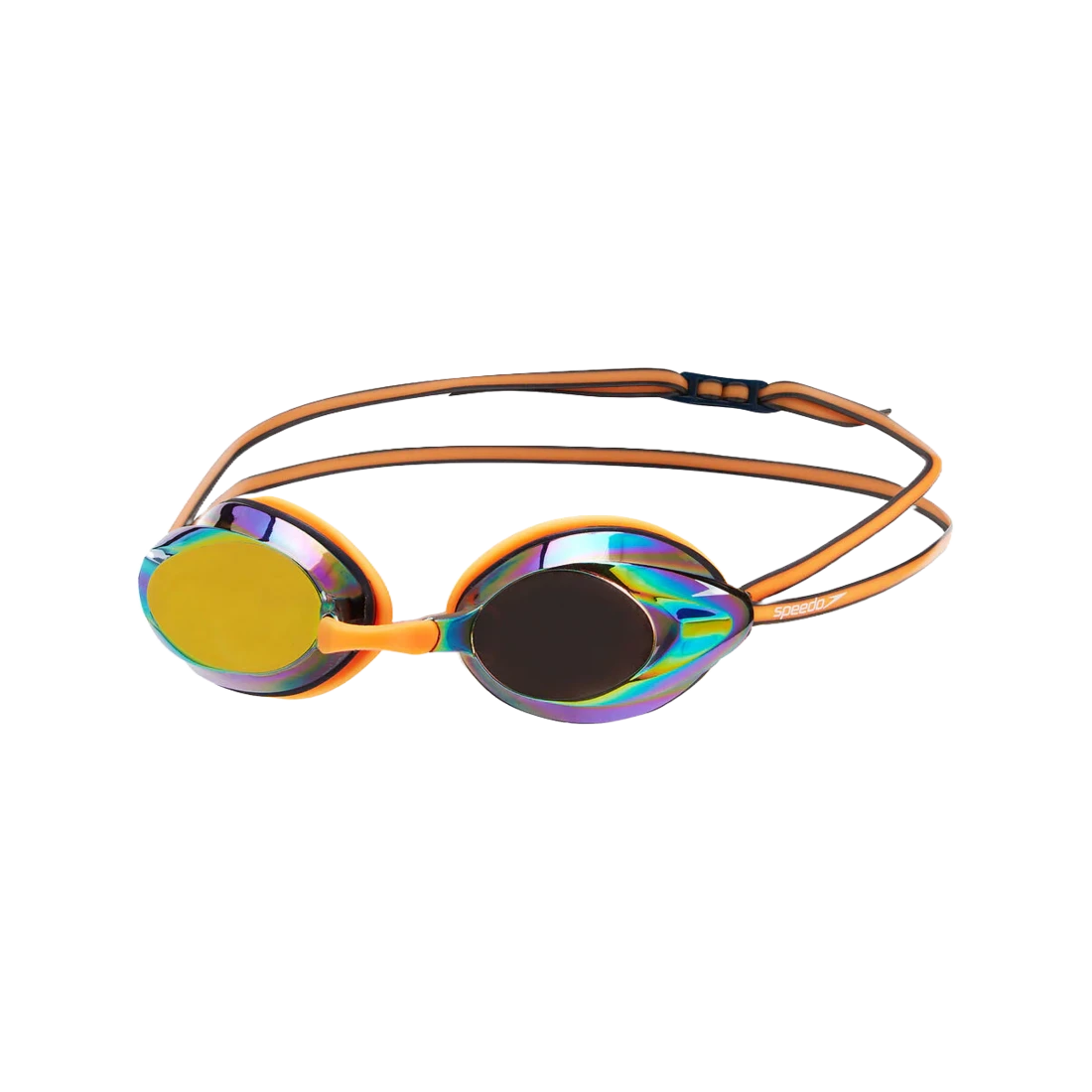 Speedo opal swim goggles with orange strap on a transparent background