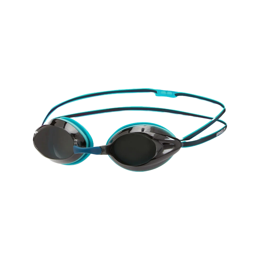 Speedo opal swimming goggles with black lenses and navy frames on a transparent background
