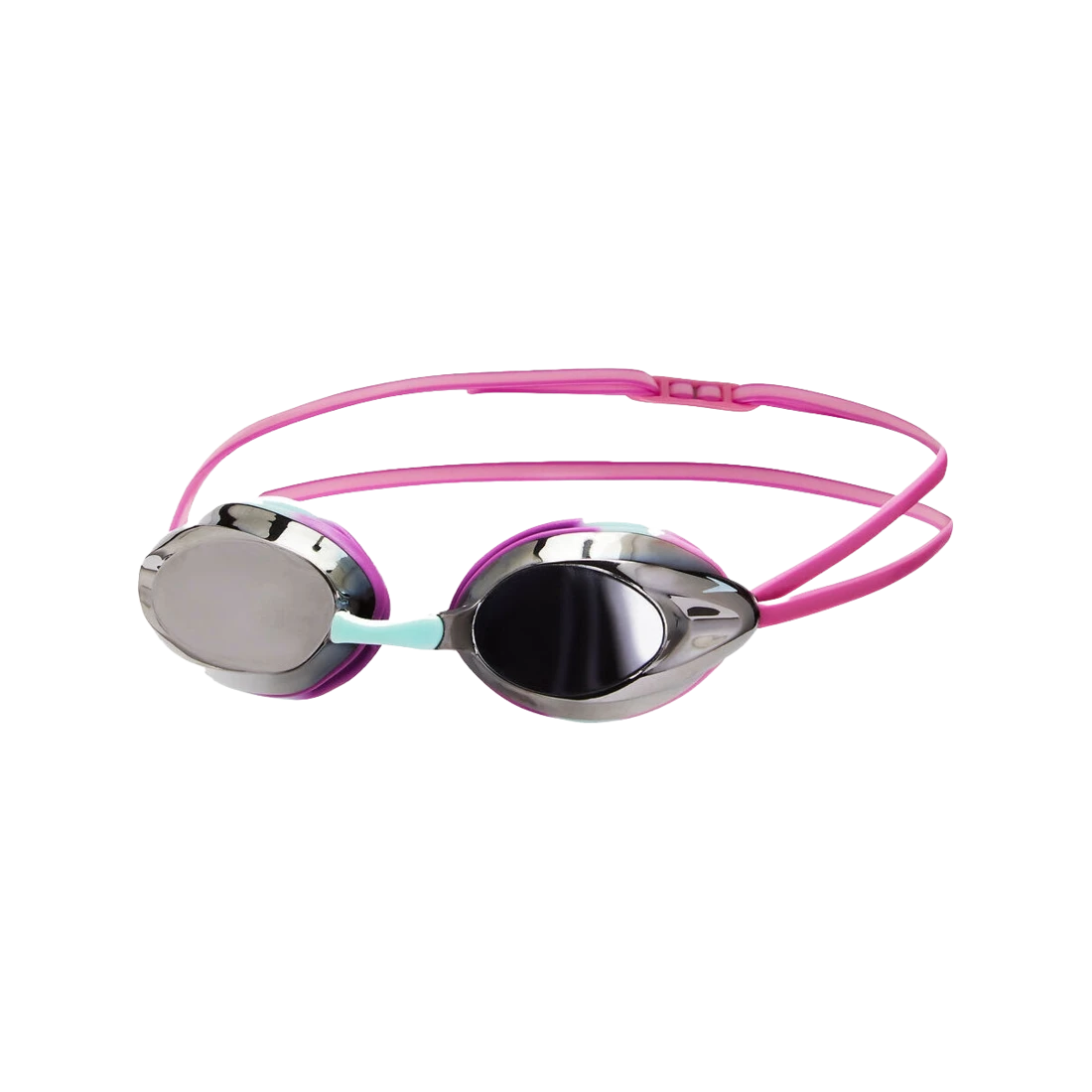 Pink speedo opal swim goggles with mirrored lenses on a transparent background