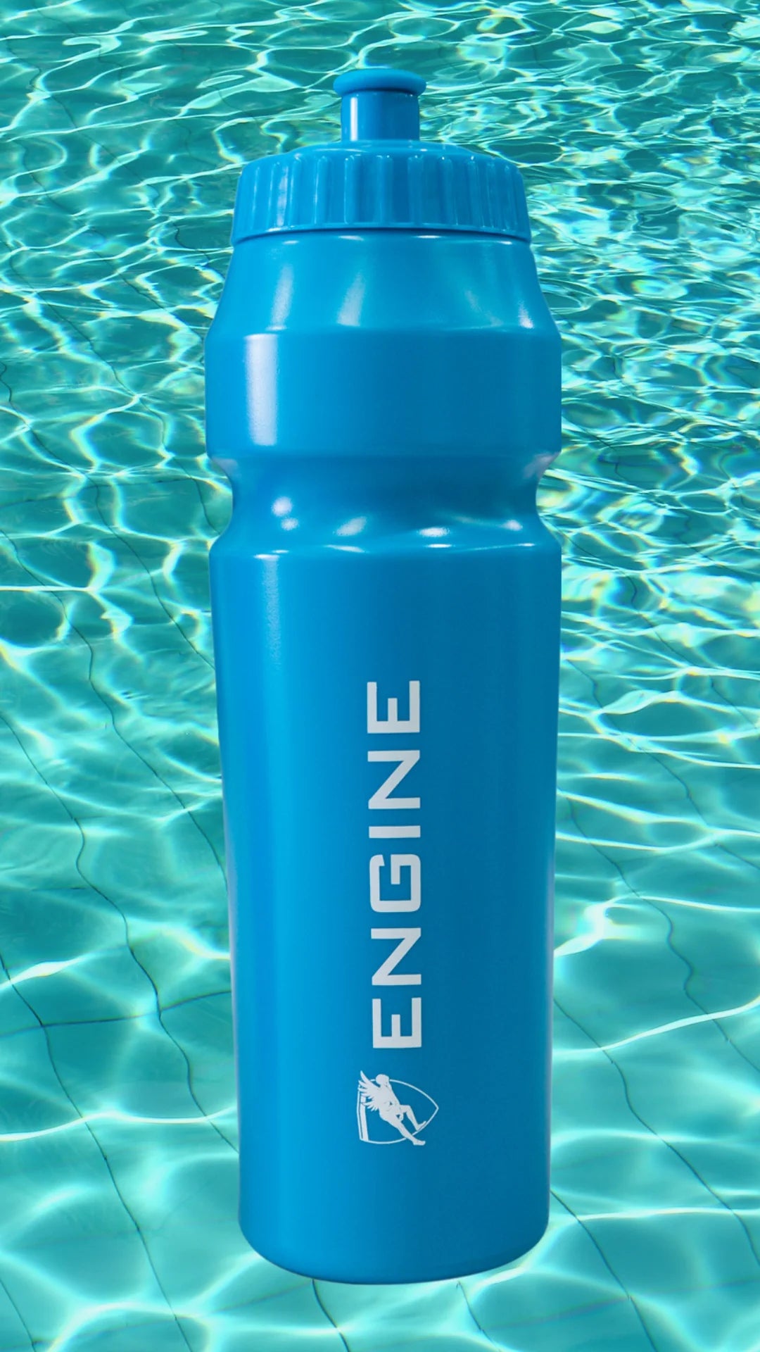 Blue water bottle with 'ENGINE' branding on a clear blue water background