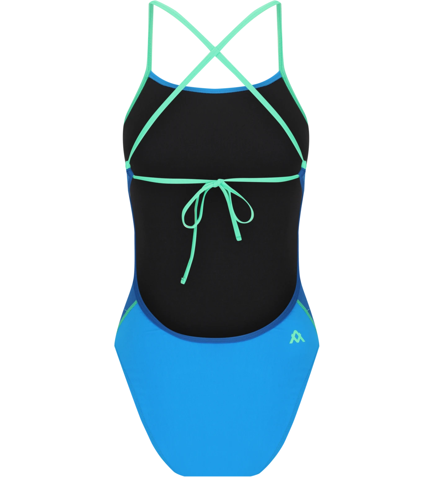 Blue Seaglass Amanzi swimsuit with green criss-cross straps and blue bottom