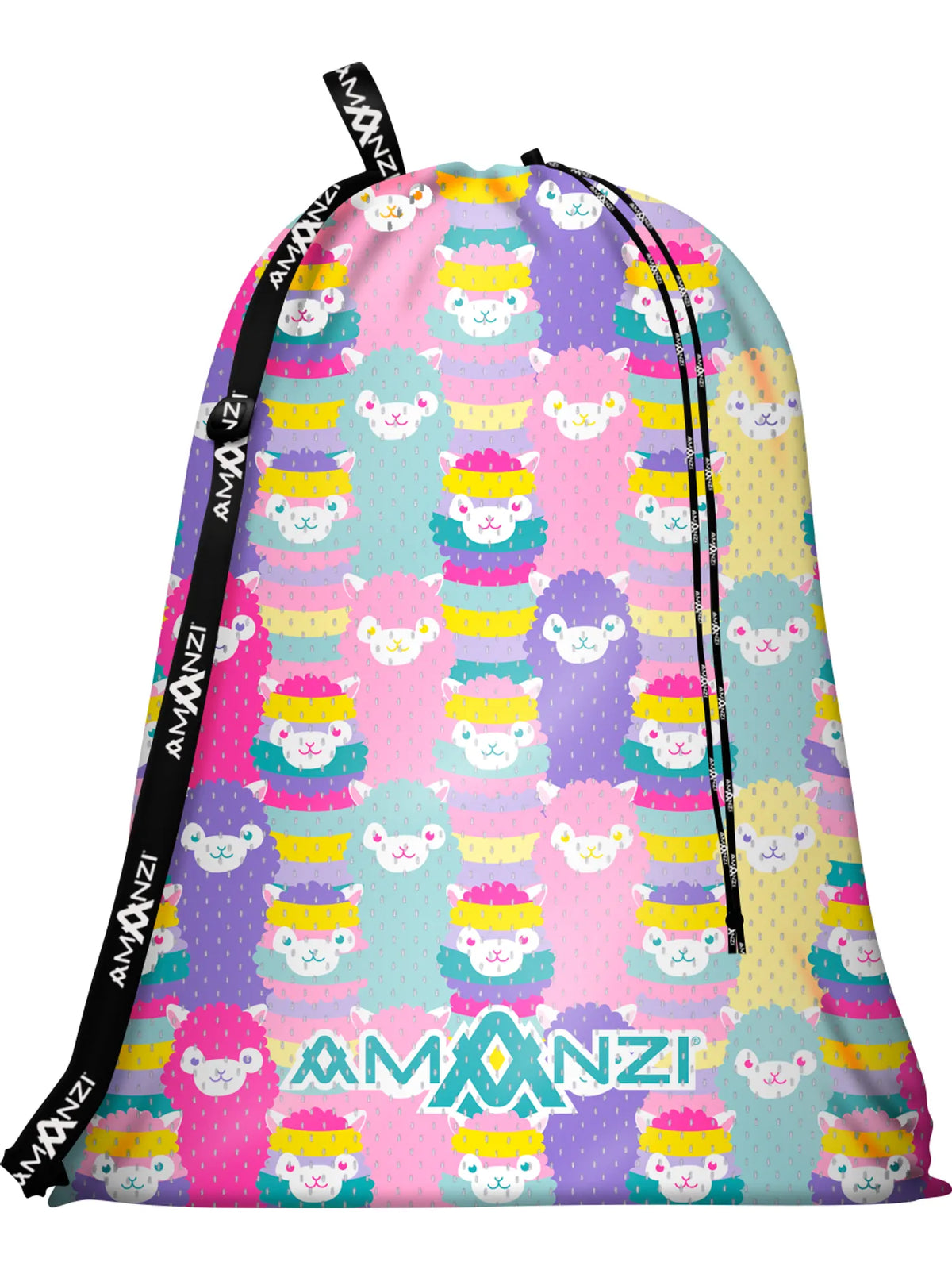 A swimming mesh bag with a pink, purple,  int and yellow alpaca pattern, black strap and Amanzi branding