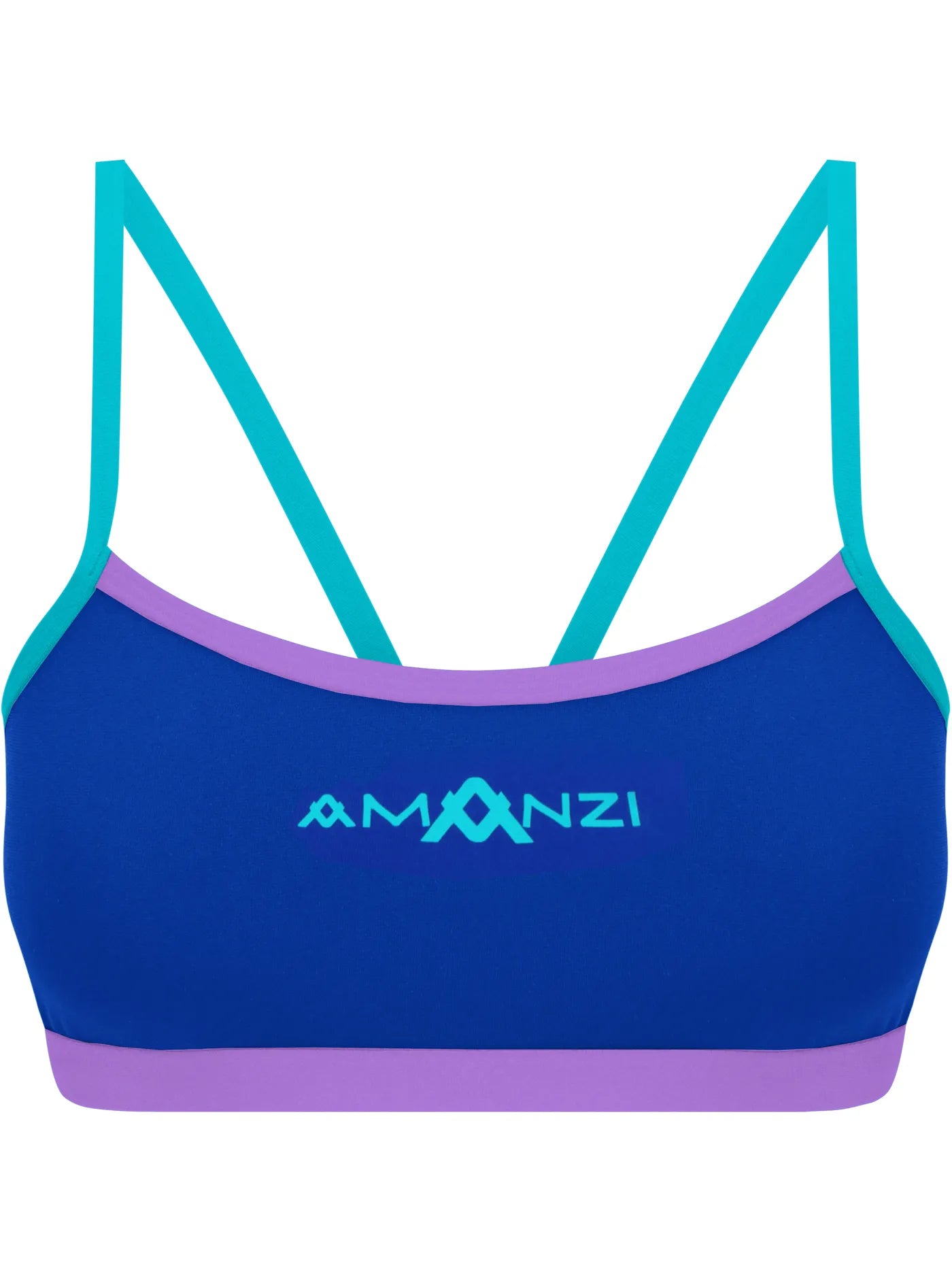 Blue swimming bikini top with teal straps and purple accents on a white background