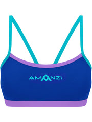 Blue swimming bikini top with teal straps and purple accents on a white background