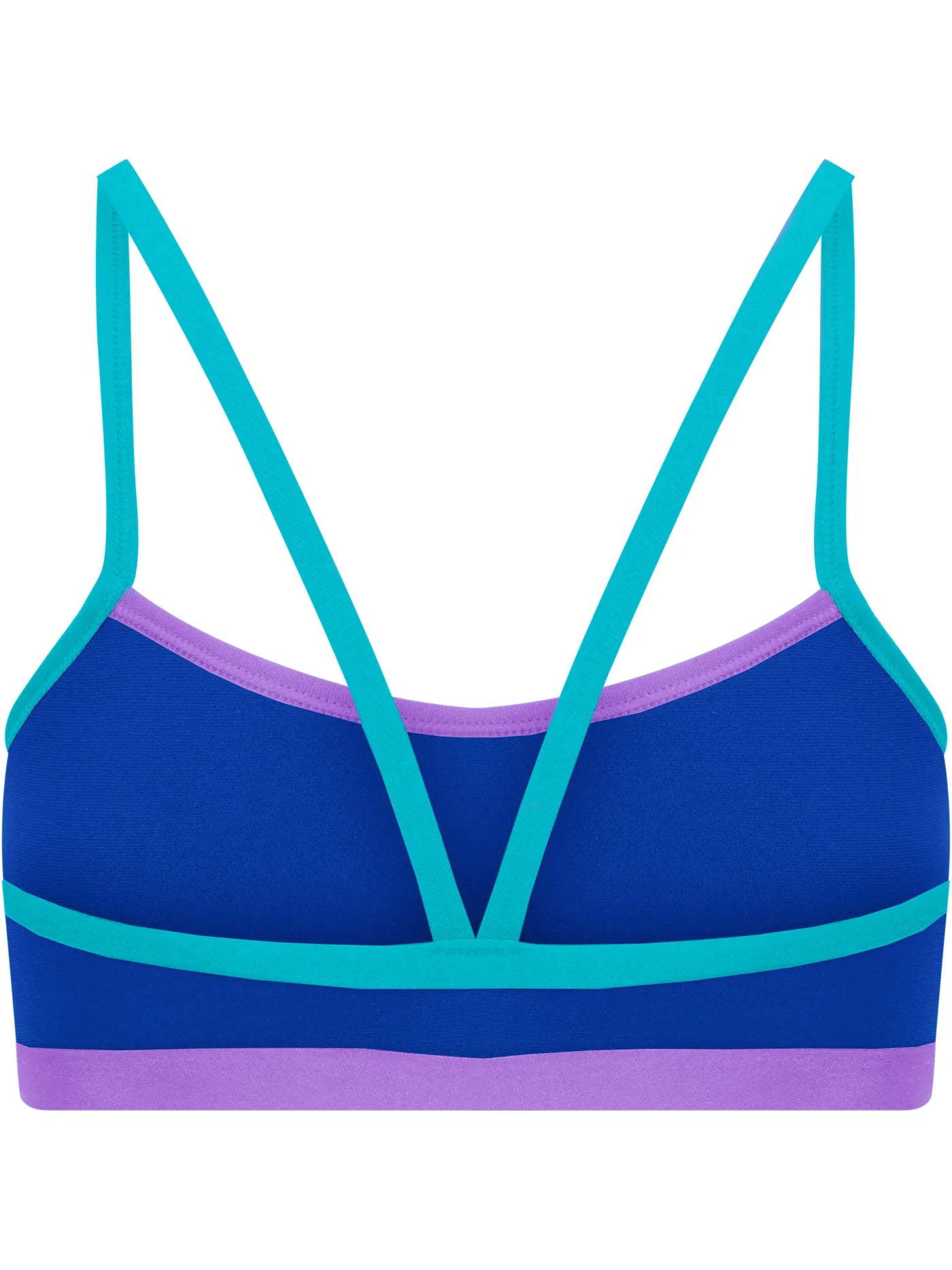 Back view of blue swimming bikini top with teal straps and purple accents on a white background