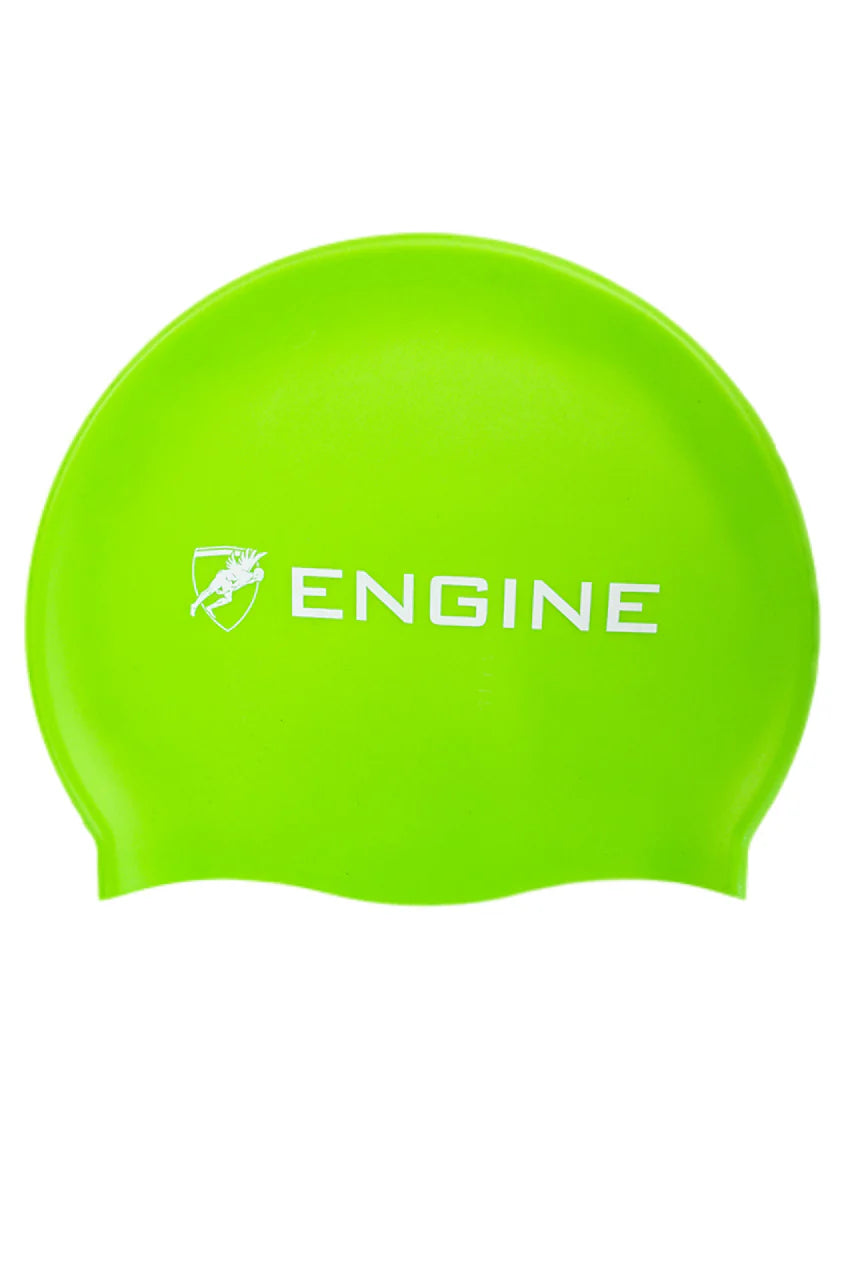 Bright green silicone swim cap with ENGINE logo and swimmer graphic in white; smooth finish and classic dome shape.