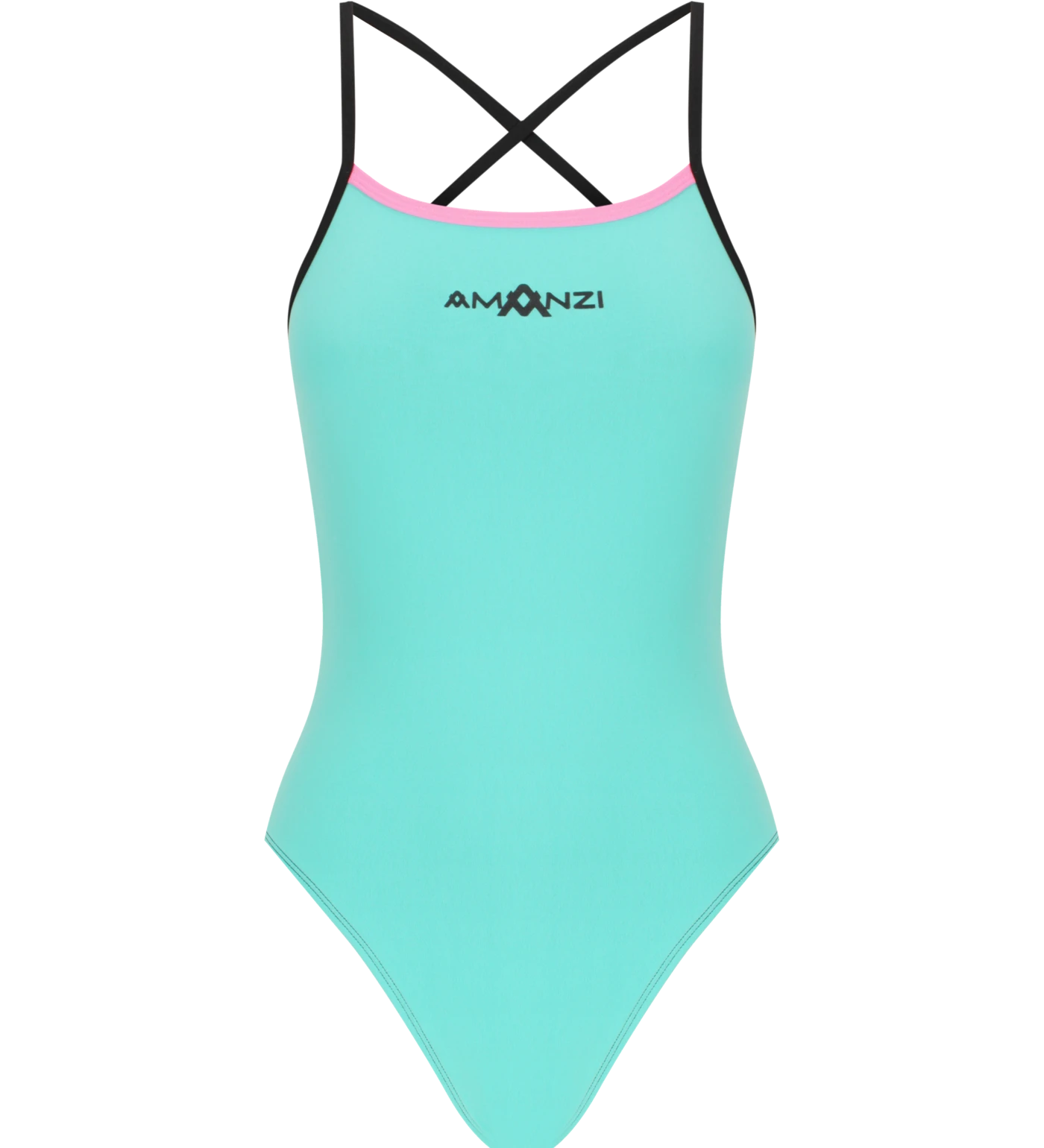 Cotton Candy Amanzi swimsuit with black criss-cross straps and pink lining
