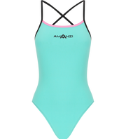 Cotton Candy Amanzi swimsuit with black criss-cross straps and pink lining