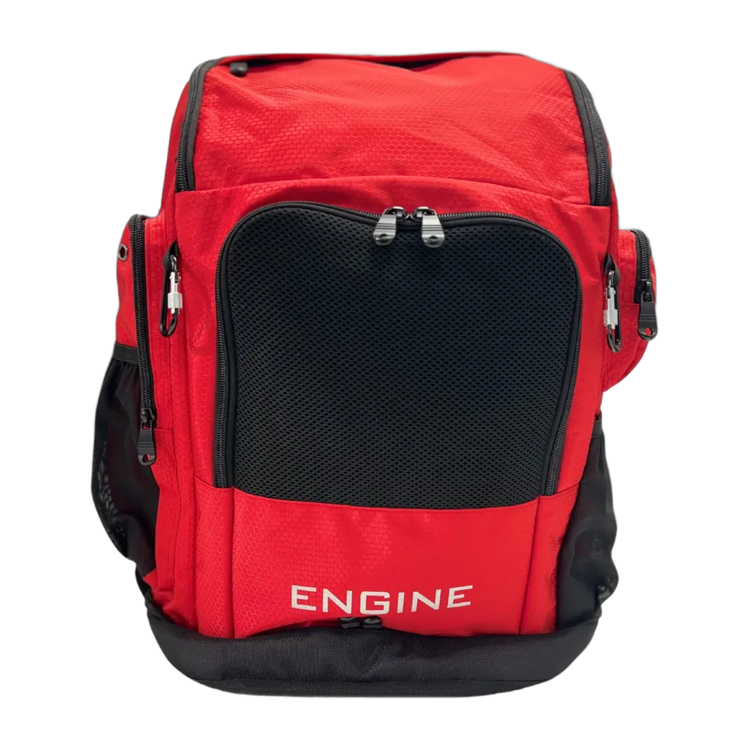 Red and black backpack with 'ENGINE' branding