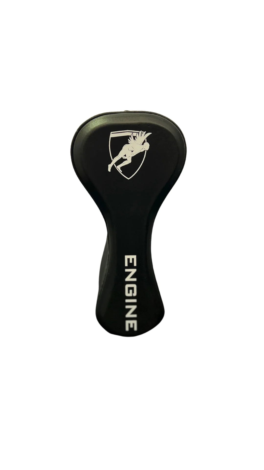 Front view of a black Engine pull buoy designed for swimming training, with a figure-8 shape to improve upper body strength and technique.